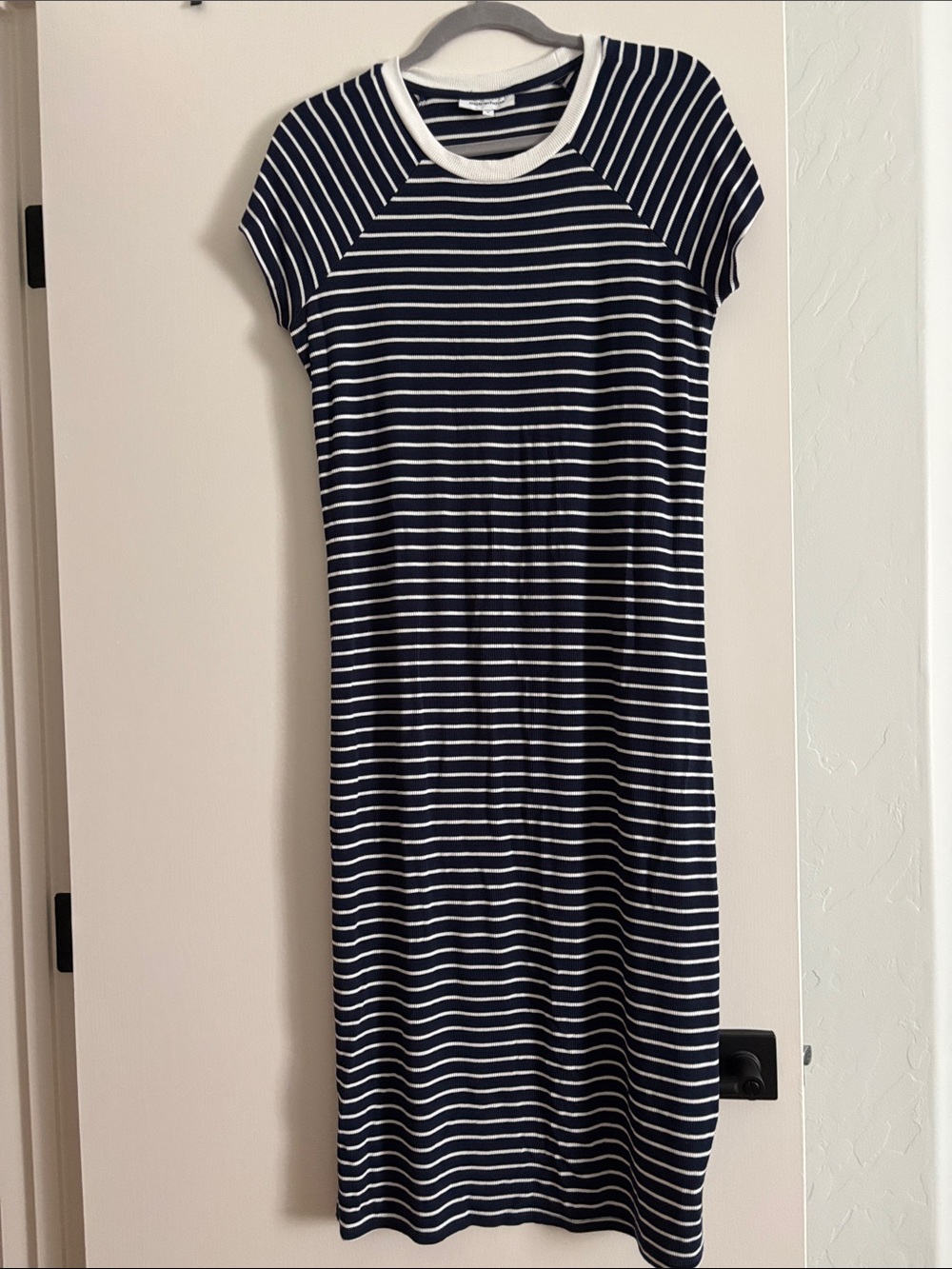 Maternity Striped Navy and White Cap-Sleeve Rib Knit Midi Dress
